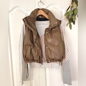 Brown Faux Leather Puffer Vest + Victorias Secret Activewear Tan Grey Sweatshirt